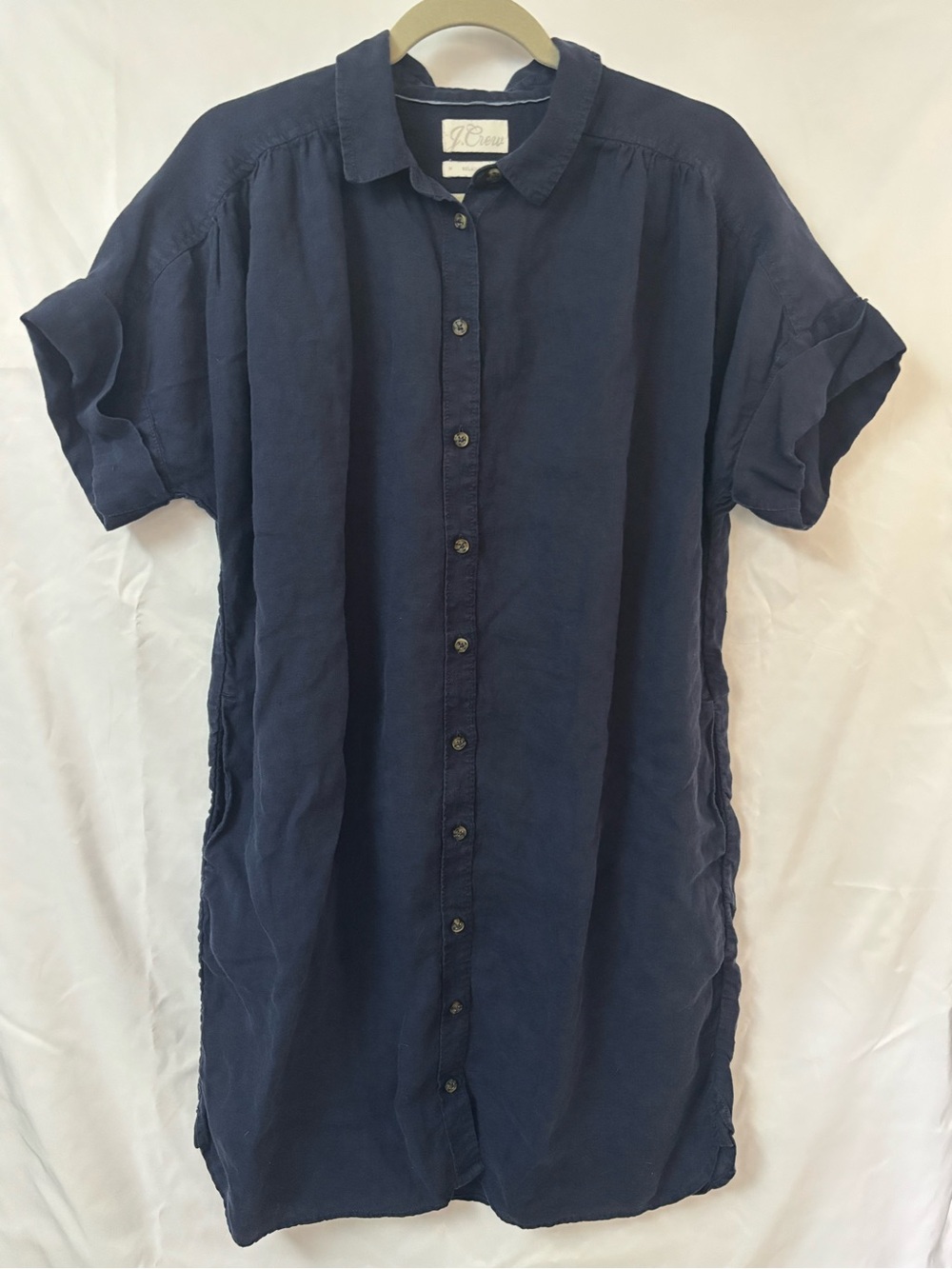 J.CREW Navy Blue Linen Relaxed Button Up Short Sleeve Shirt Dress Collared